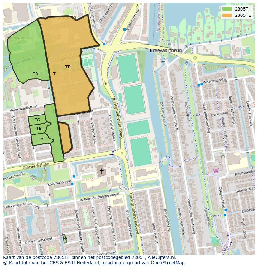 Afbeelding van het postcodegebied 2805 TE op de kaart.