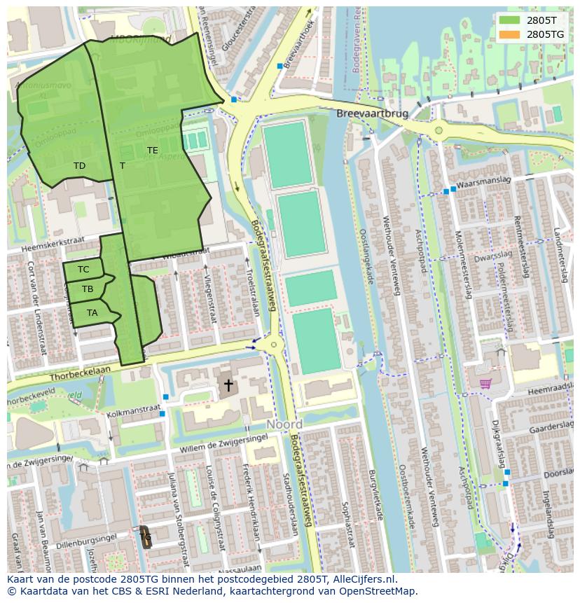 Afbeelding van het postcodegebied 2805 TG op de kaart.