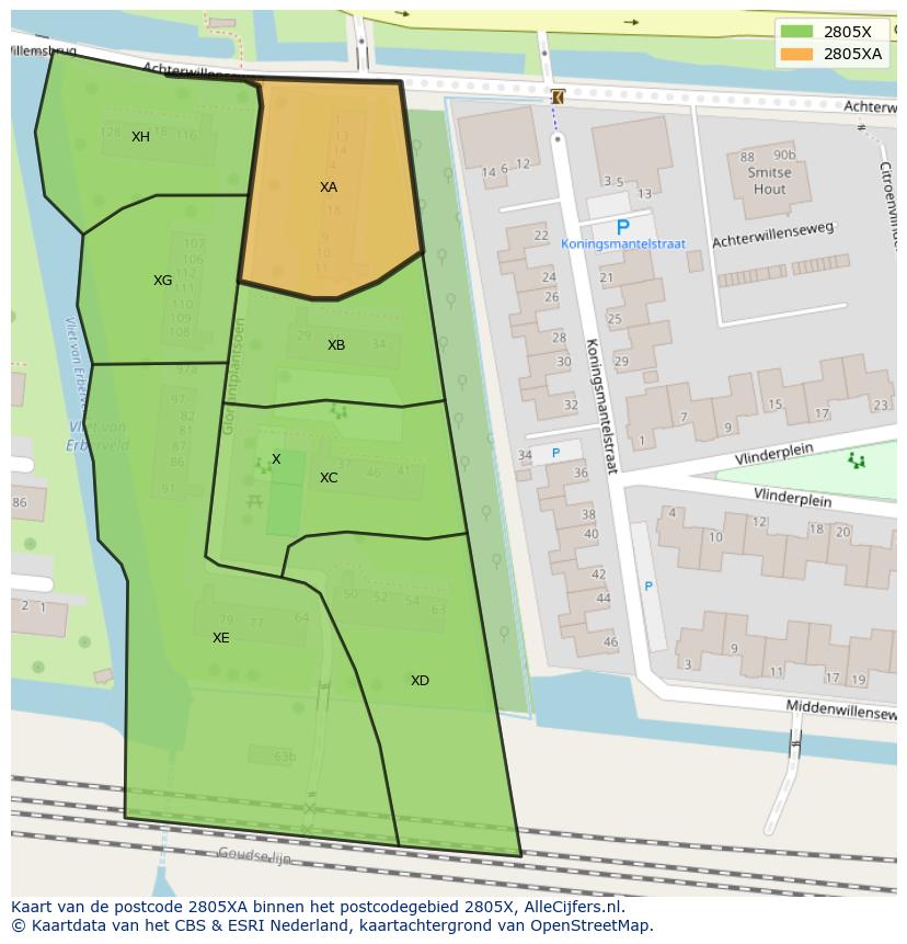 Afbeelding van het postcodegebied 2805 XA op de kaart.