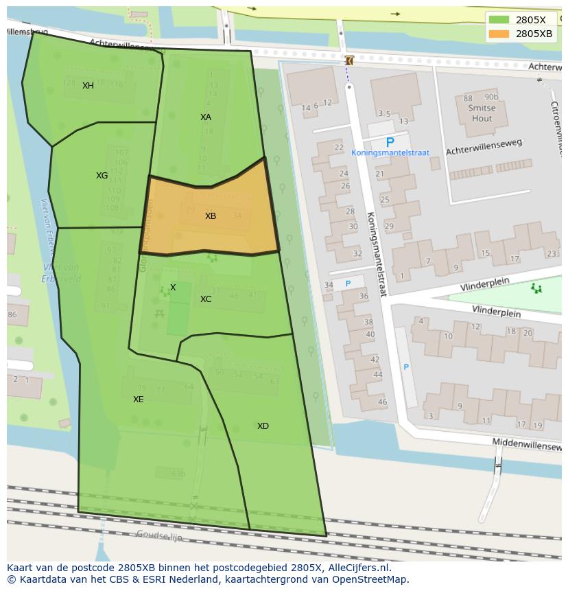 Afbeelding van het postcodegebied 2805 XB op de kaart.