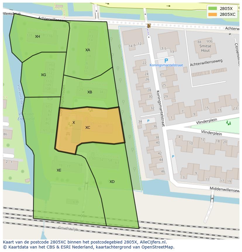 Afbeelding van het postcodegebied 2805 XC op de kaart.