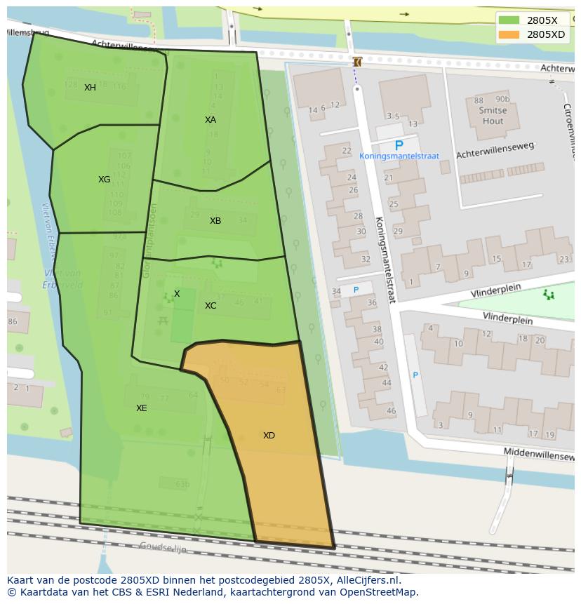 Afbeelding van het postcodegebied 2805 XD op de kaart.