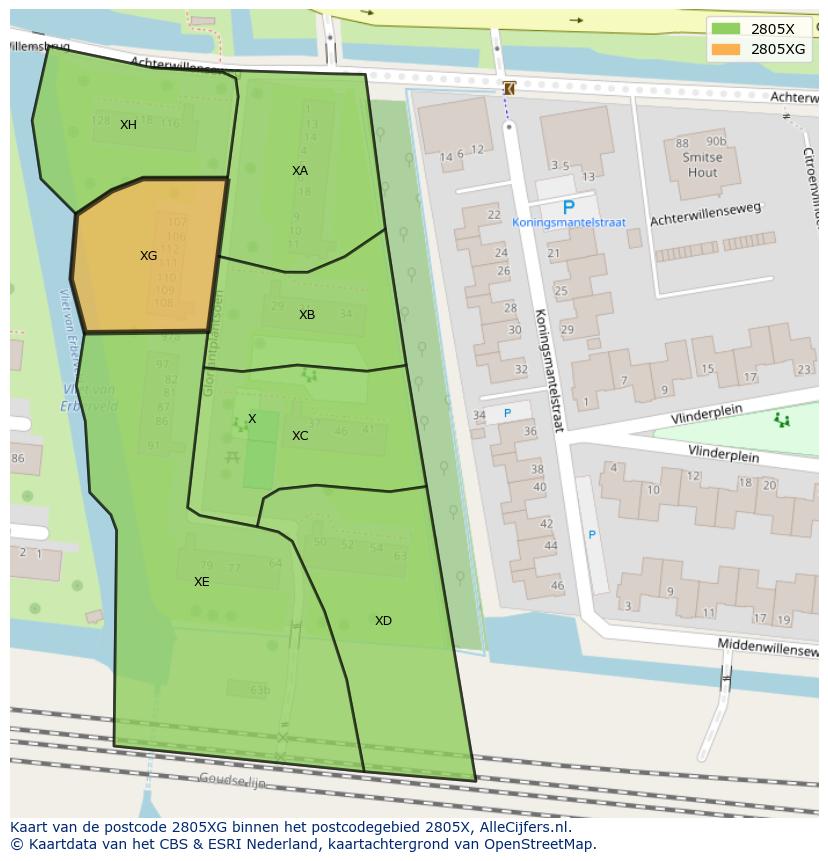 Afbeelding van het postcodegebied 2805 XG op de kaart.