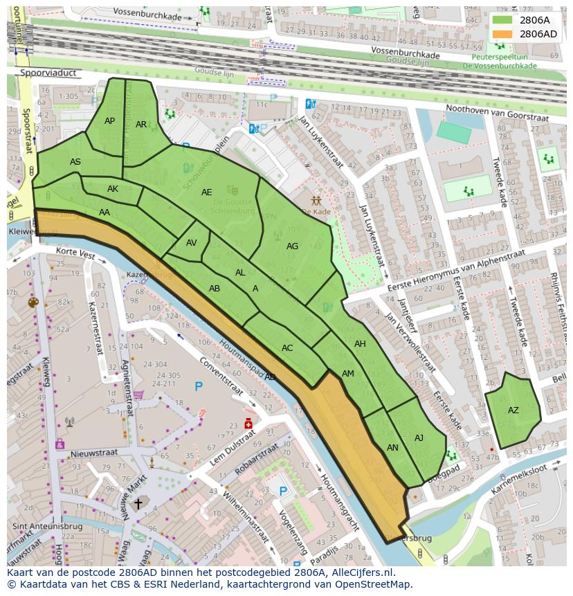 Afbeelding van het postcodegebied 2806 AD op de kaart.