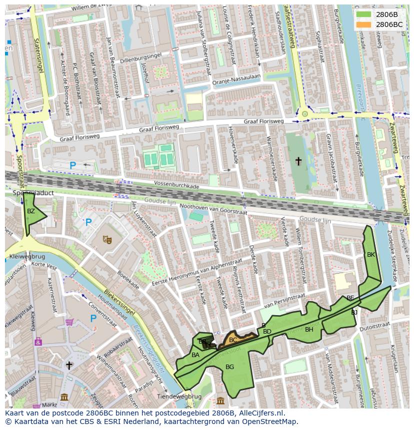 Afbeelding van het postcodegebied 2806 BC op de kaart.