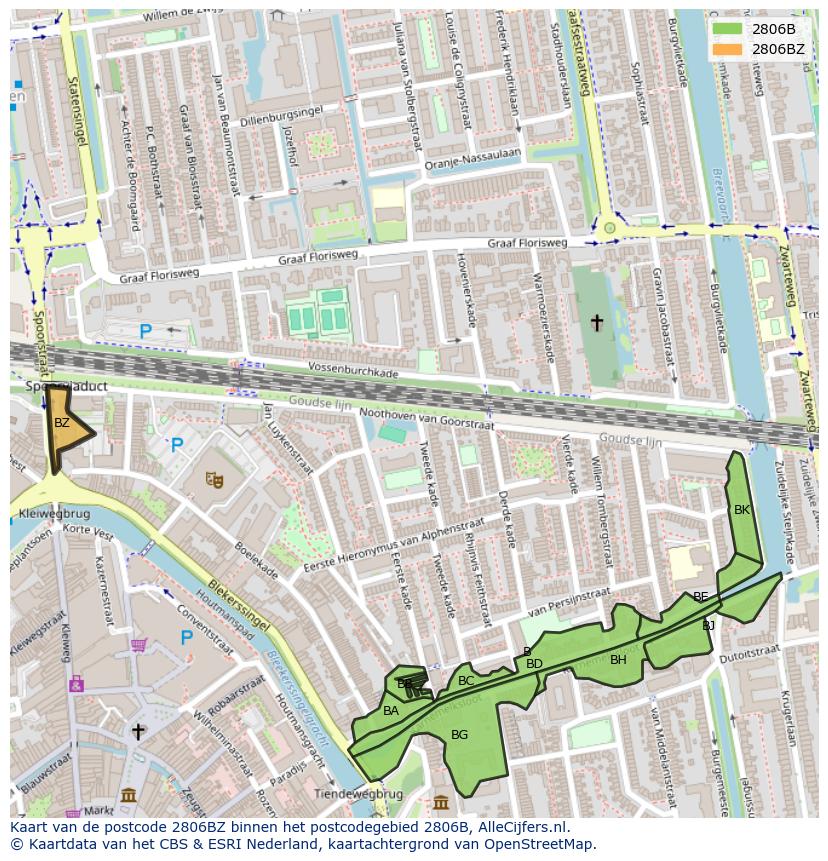 Afbeelding van het postcodegebied 2806 BZ op de kaart.
