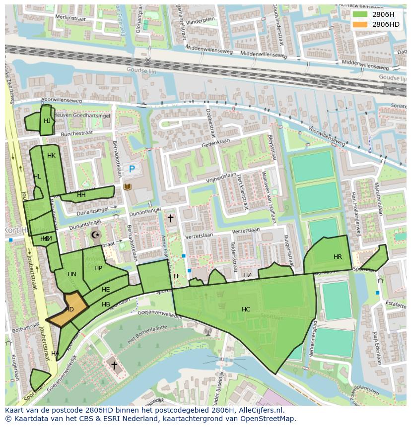 Afbeelding van het postcodegebied 2806 HD op de kaart.