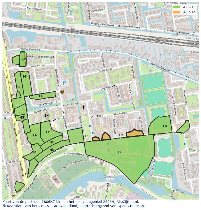 Afbeelding van het postcodegebied 2806 HZ op de kaart.