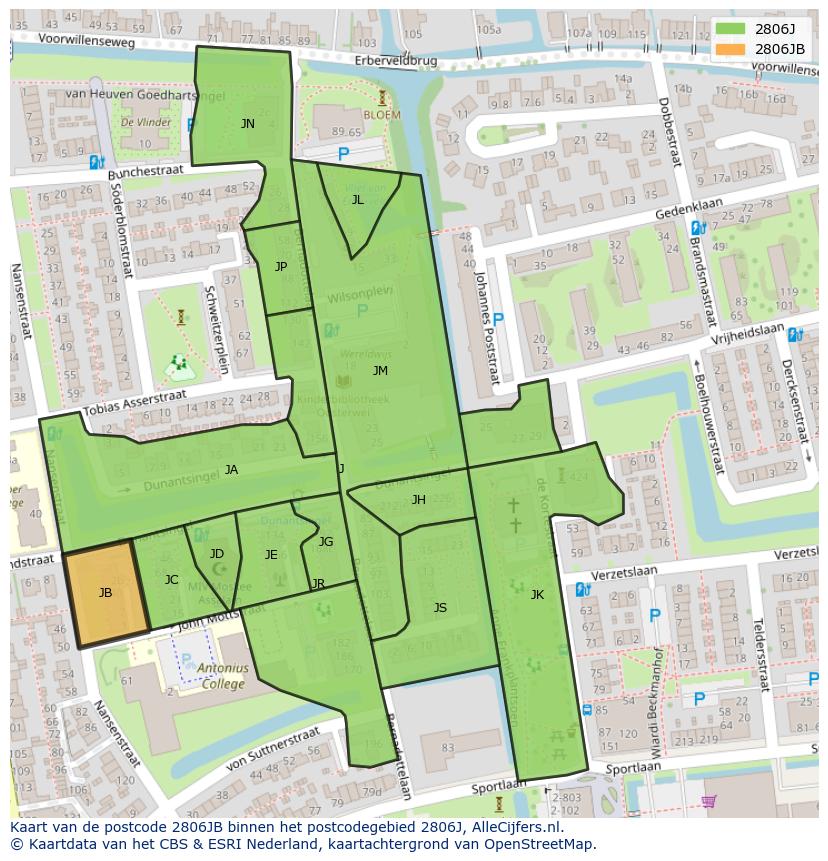 Afbeelding van het postcodegebied 2806 JB op de kaart.