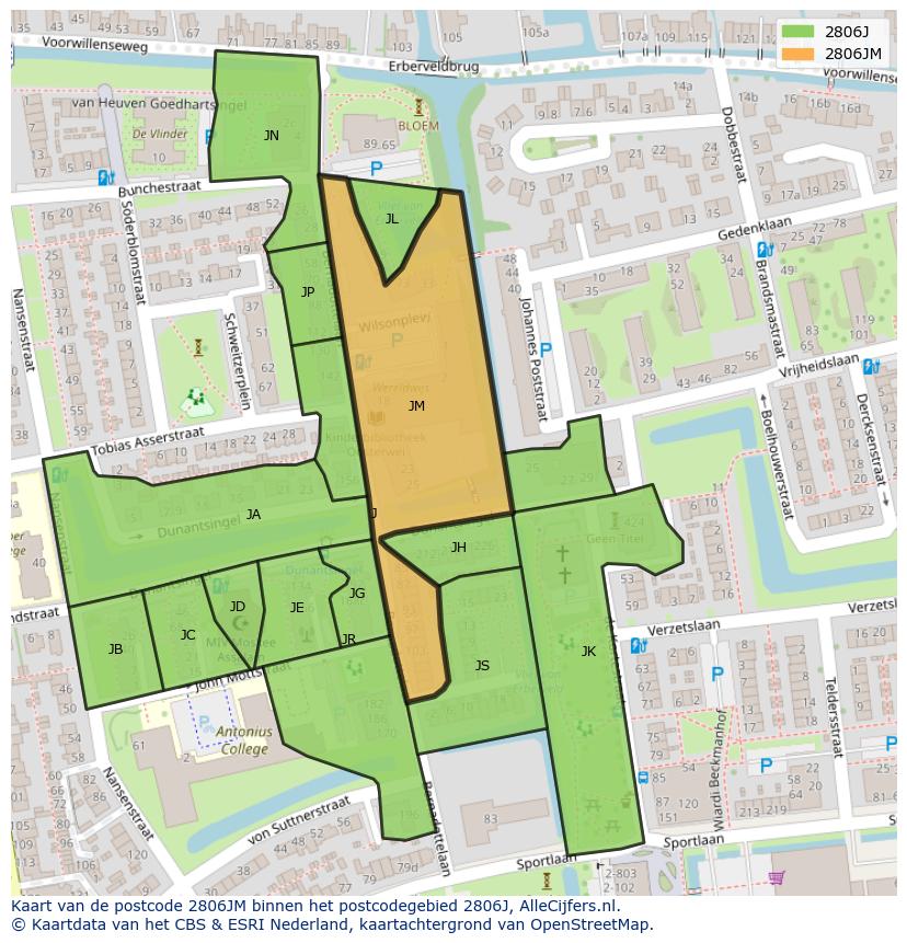 Afbeelding van het postcodegebied 2806 JM op de kaart.