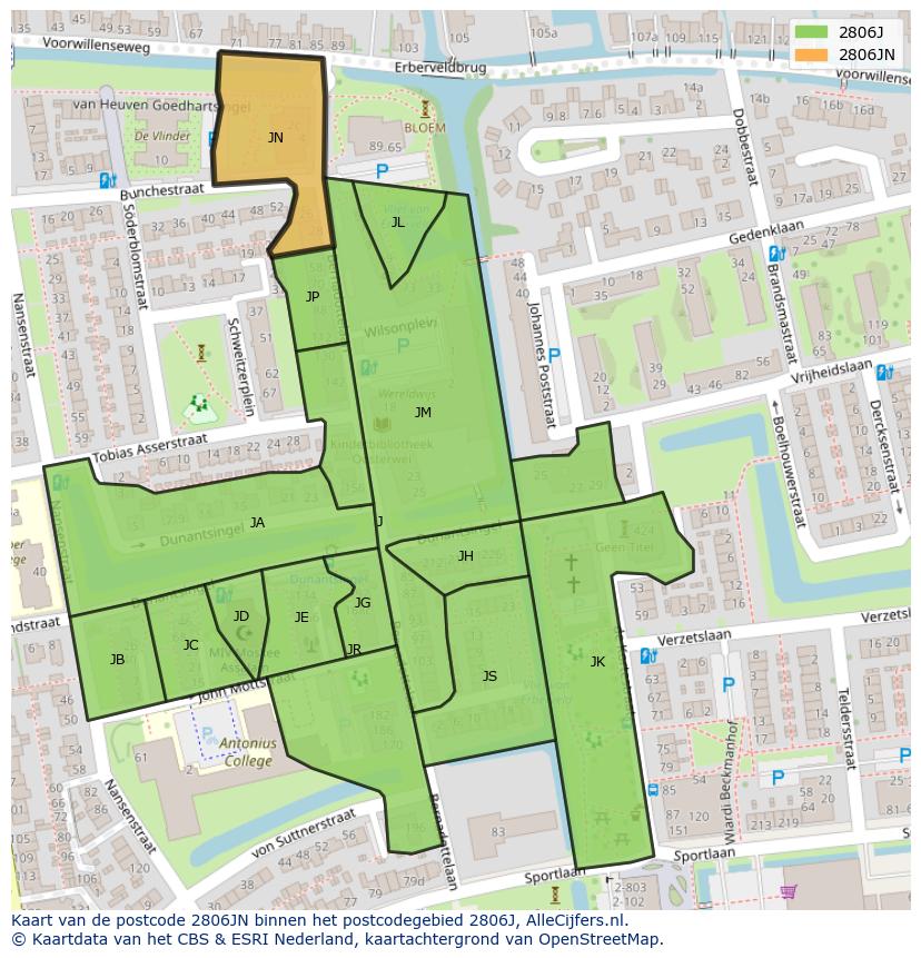 Afbeelding van het postcodegebied 2806 JN op de kaart.