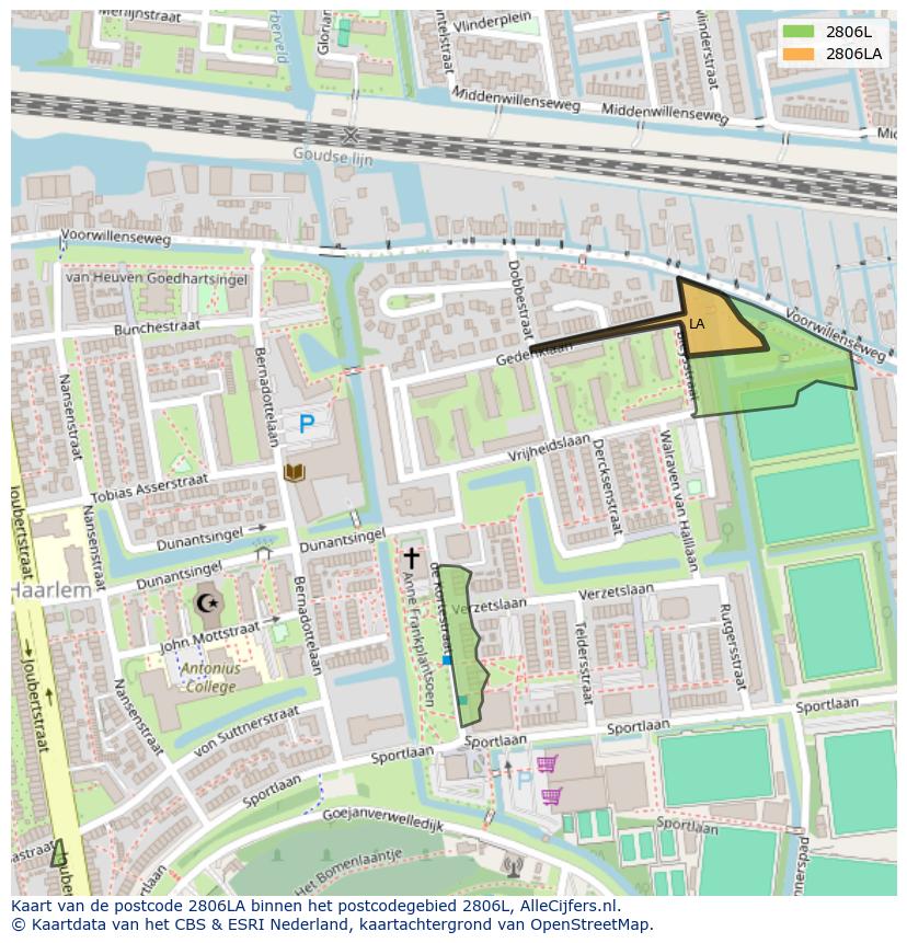 Afbeelding van het postcodegebied 2806 LA op de kaart.