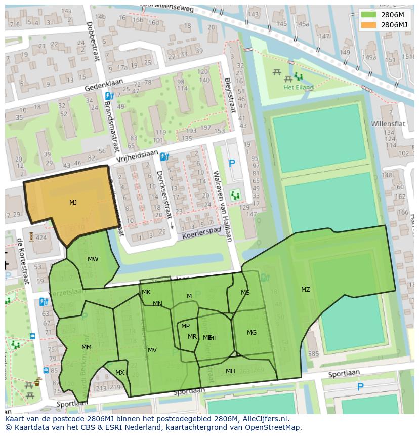 Afbeelding van het postcodegebied 2806 MJ op de kaart.