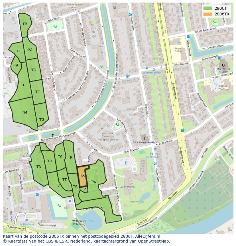 Afbeelding van het postcodegebied 2806 TX op de kaart.