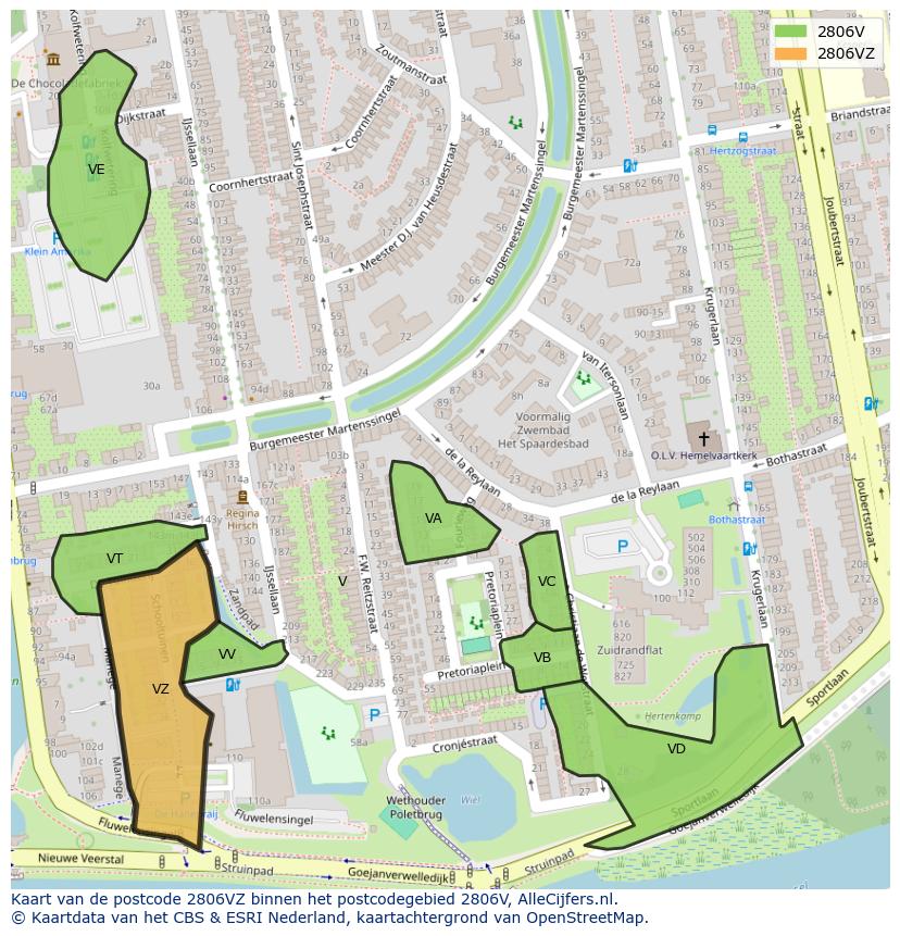 Afbeelding van het postcodegebied 2806 VZ op de kaart.