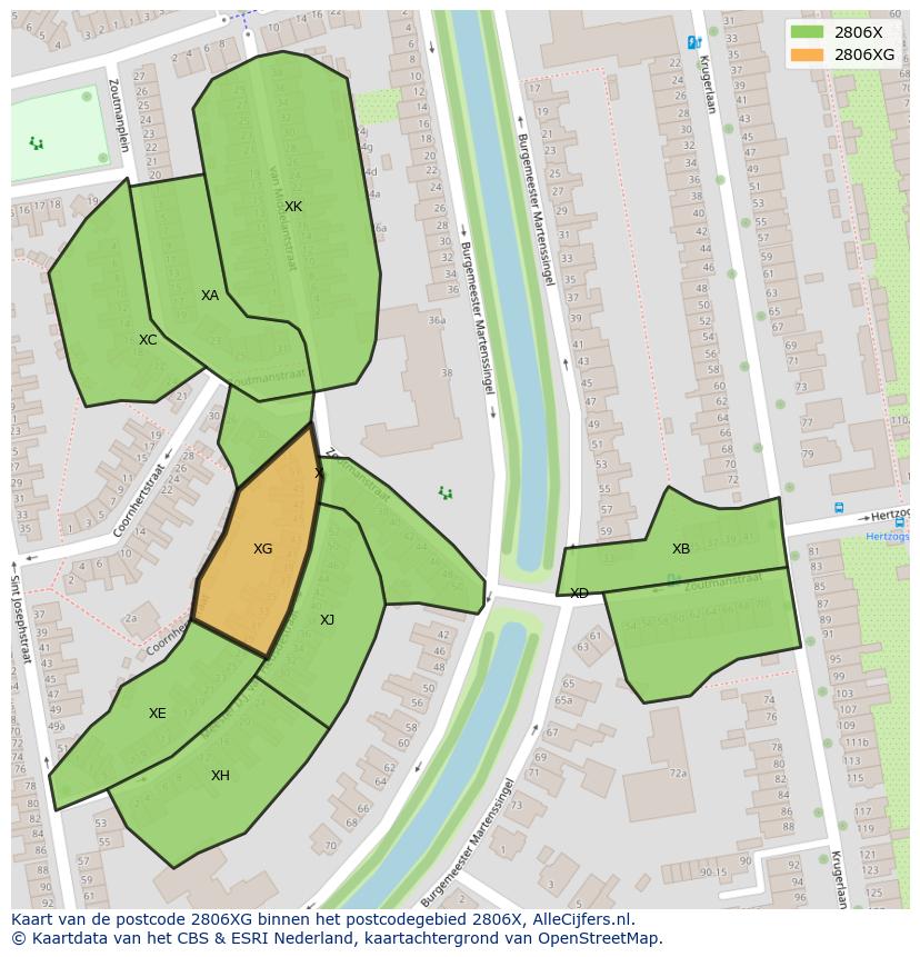 Afbeelding van het postcodegebied 2806 XG op de kaart.