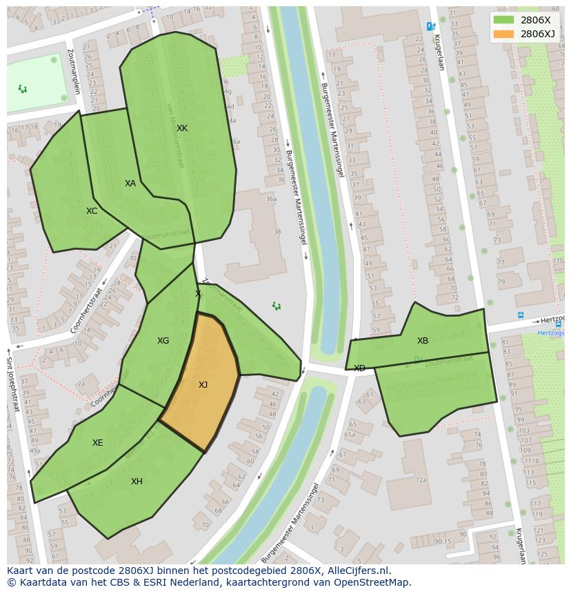 Afbeelding van het postcodegebied 2806 XJ op de kaart.