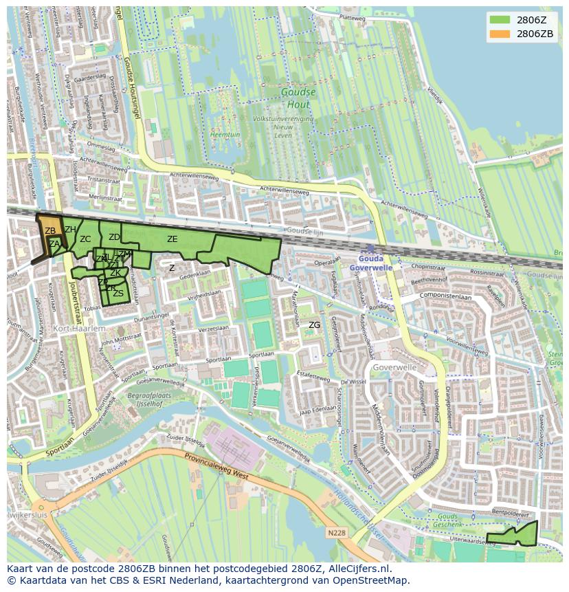Afbeelding van het postcodegebied 2806 ZB op de kaart.