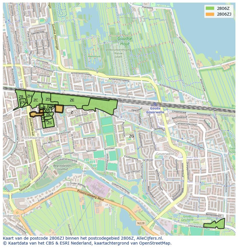 Afbeelding van het postcodegebied 2806 ZJ op de kaart.