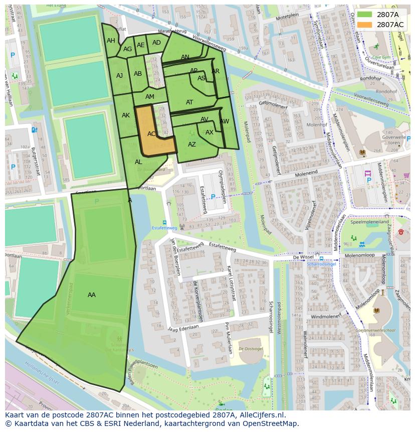 Afbeelding van het postcodegebied 2807 AC op de kaart.