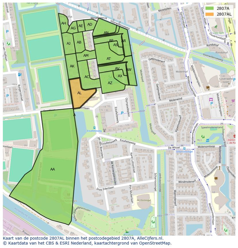 Afbeelding van het postcodegebied 2807 AL op de kaart.