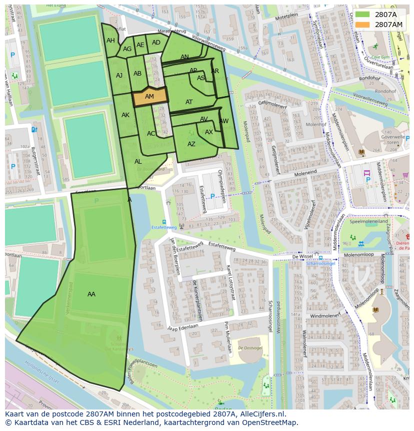 Afbeelding van het postcodegebied 2807 AM op de kaart.