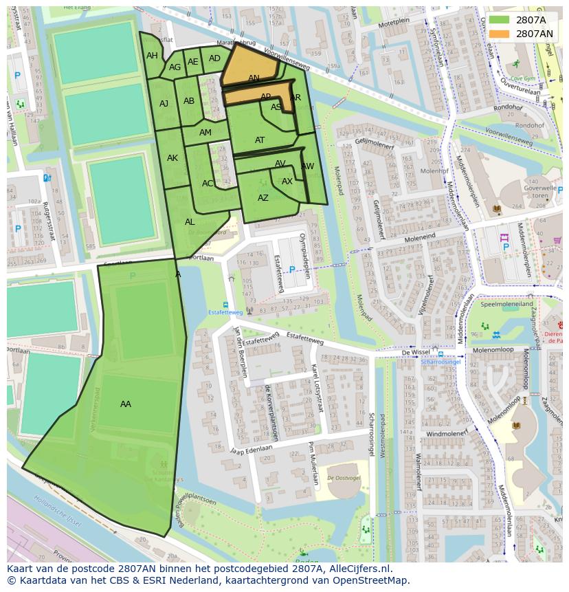 Afbeelding van het postcodegebied 2807 AN op de kaart.