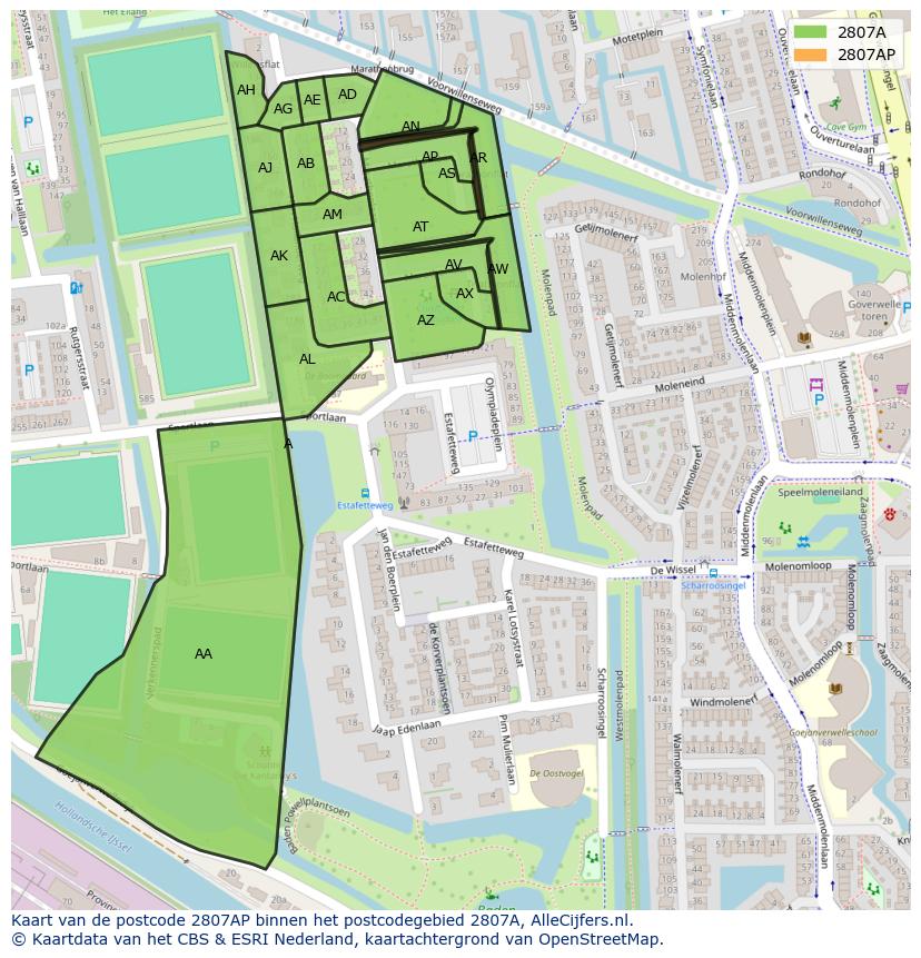 Afbeelding van het postcodegebied 2807 AP op de kaart.