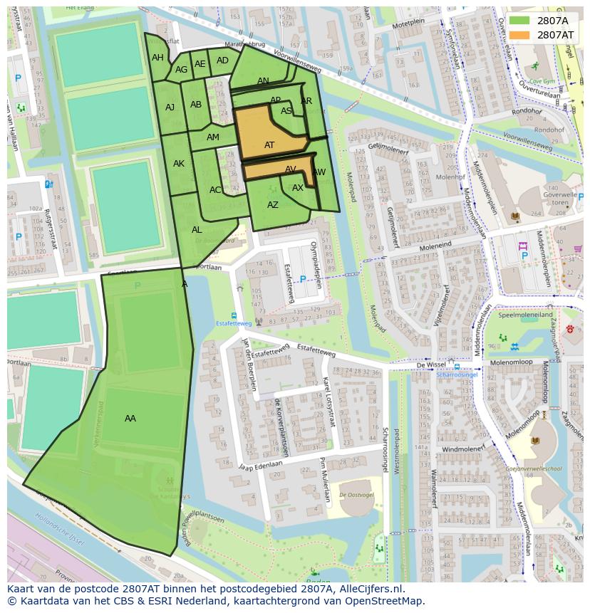 Afbeelding van het postcodegebied 2807 AT op de kaart.
