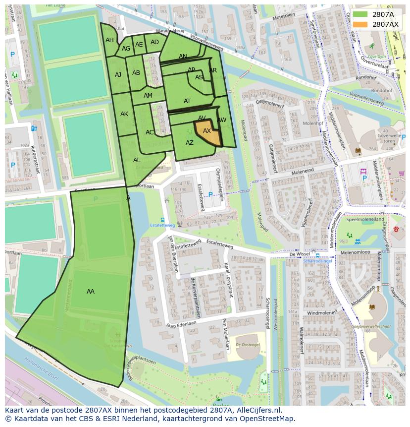 Afbeelding van het postcodegebied 2807 AX op de kaart.