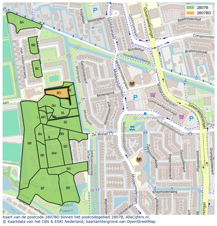 Afbeelding van het postcodegebied 2807 BD op de kaart.