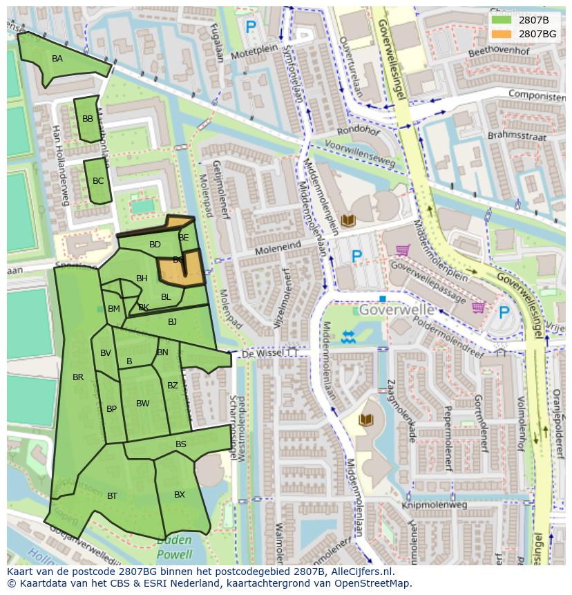 Afbeelding van het postcodegebied 2807 BG op de kaart.