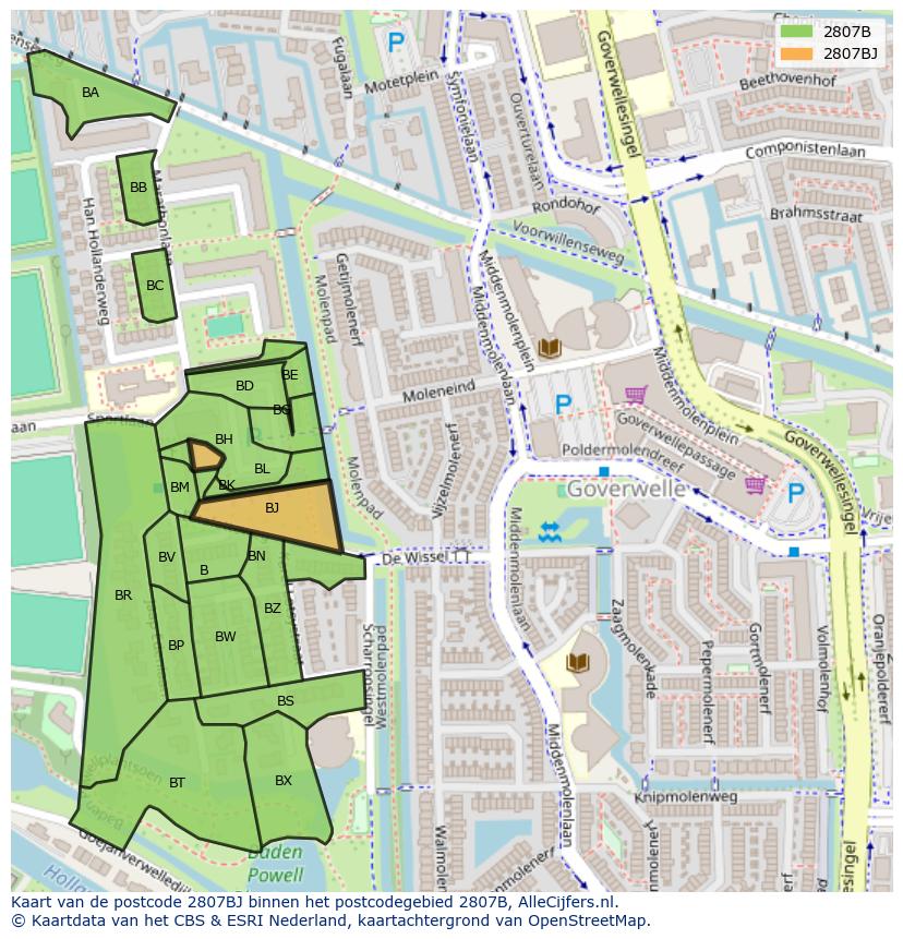Afbeelding van het postcodegebied 2807 BJ op de kaart.
