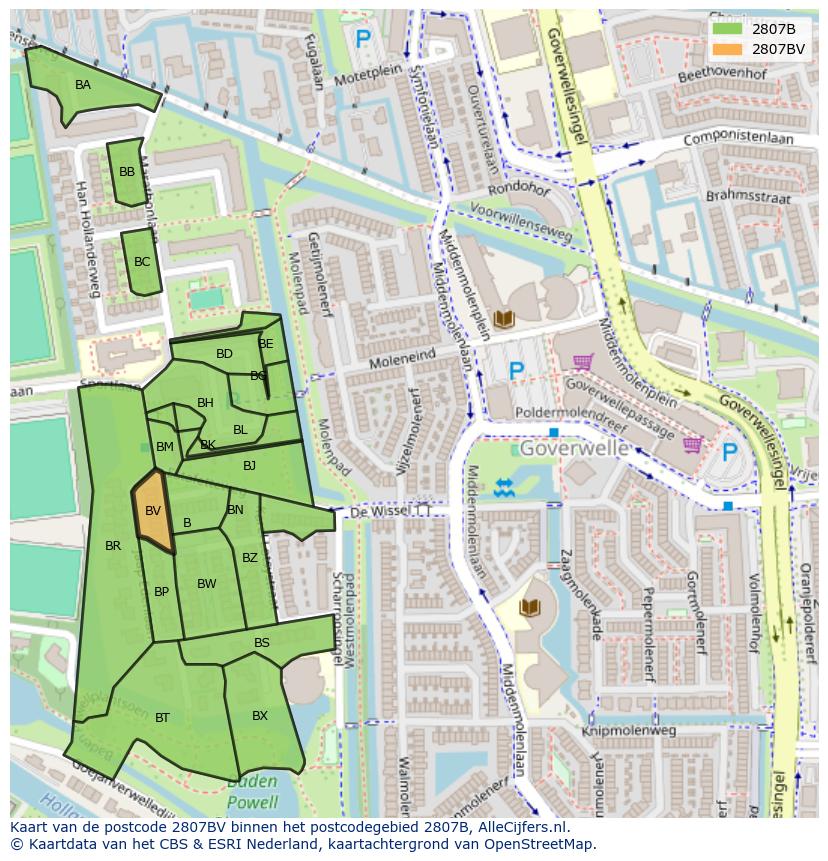 Afbeelding van het postcodegebied 2807 BV op de kaart.