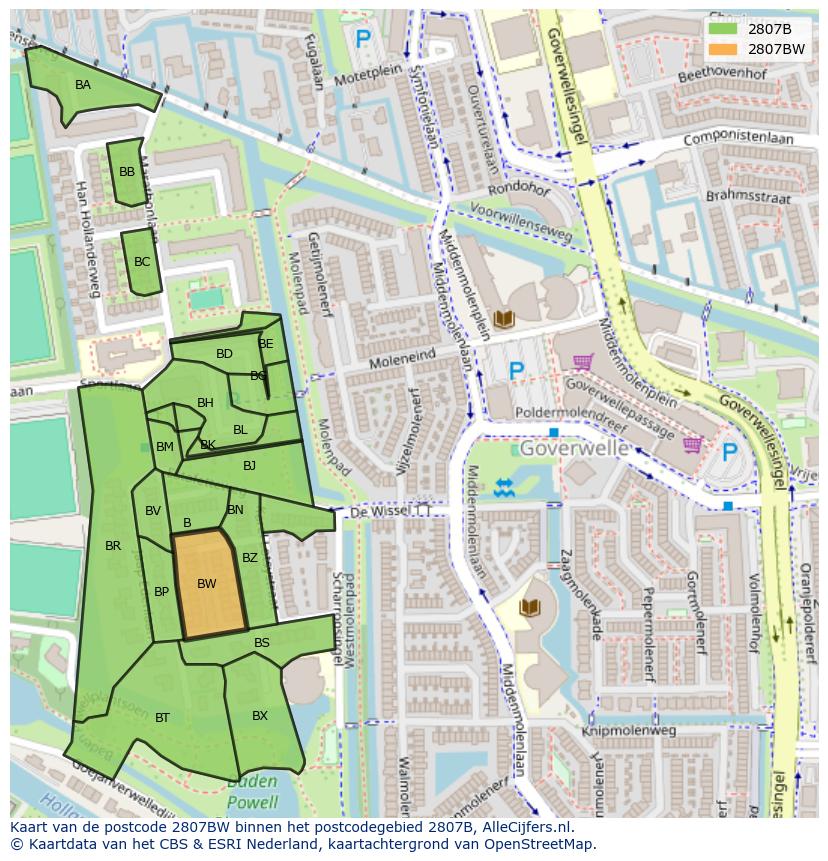 Afbeelding van het postcodegebied 2807 BW op de kaart.