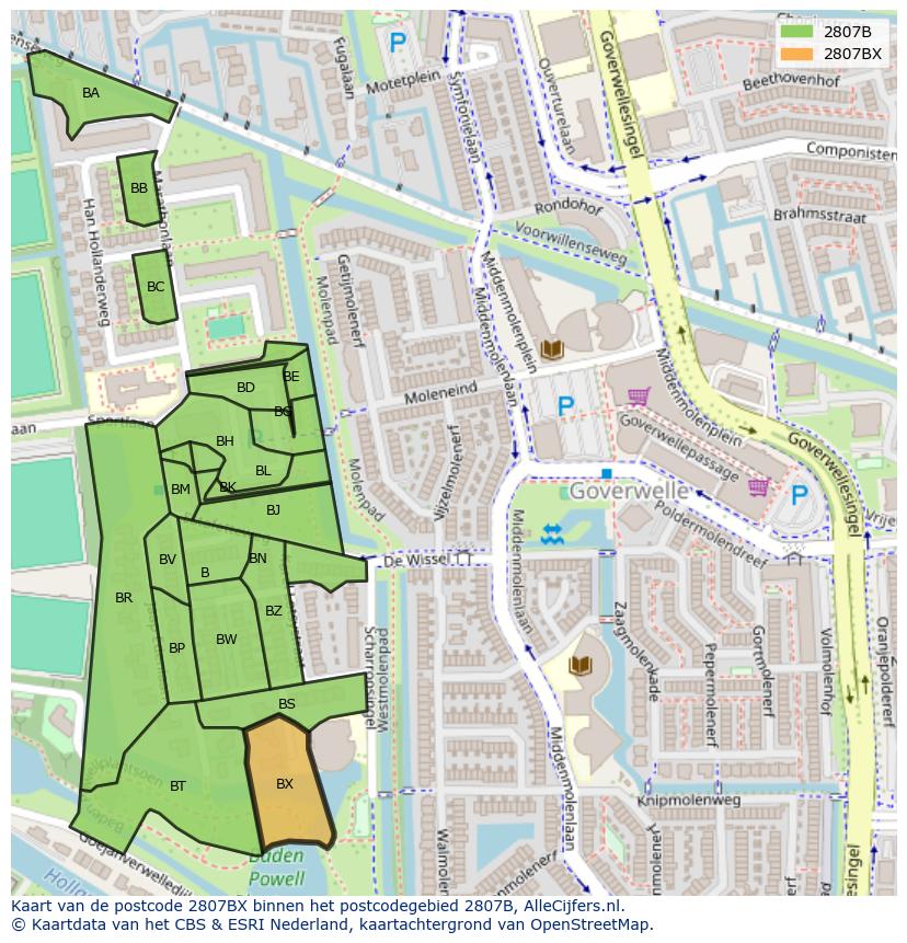 Afbeelding van het postcodegebied 2807 BX op de kaart.