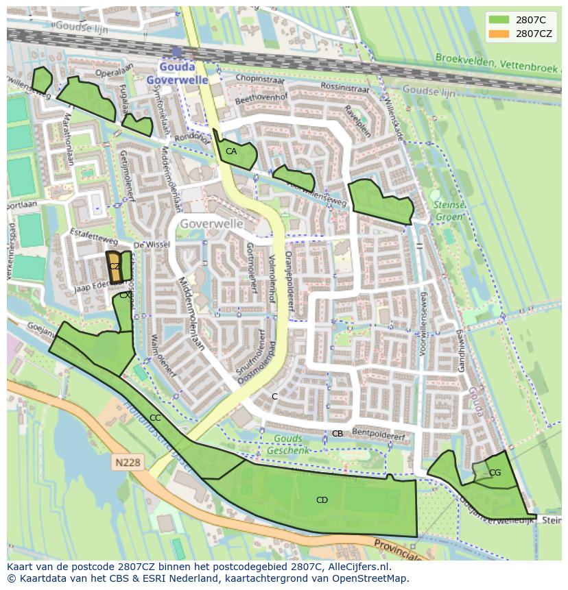 Afbeelding van het postcodegebied 2807 CZ op de kaart.