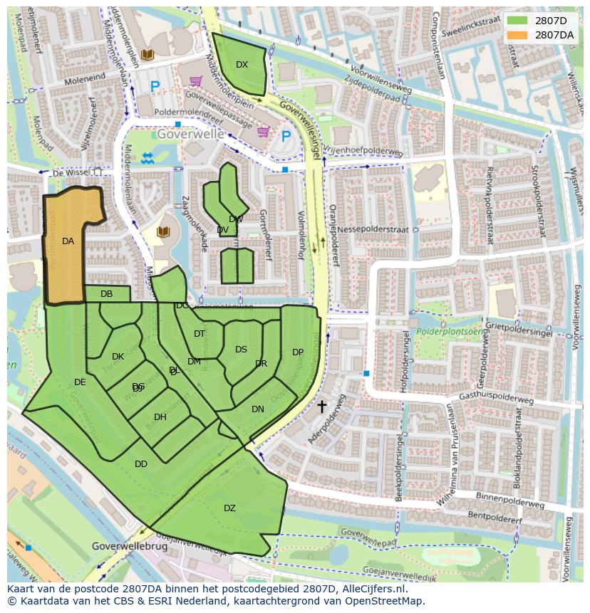 Afbeelding van het postcodegebied 2807 DA op de kaart.
