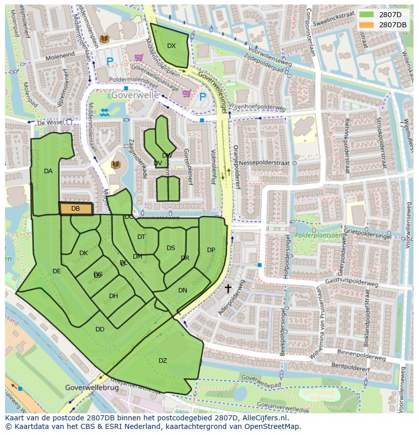 Afbeelding van het postcodegebied 2807 DB op de kaart.