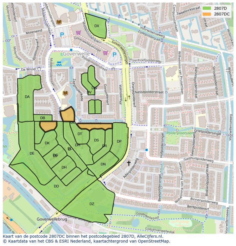 Afbeelding van het postcodegebied 2807 DC op de kaart.