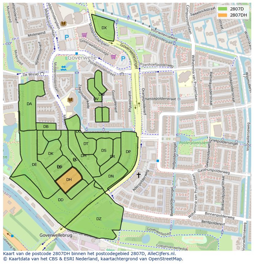 Afbeelding van het postcodegebied 2807 DH op de kaart.