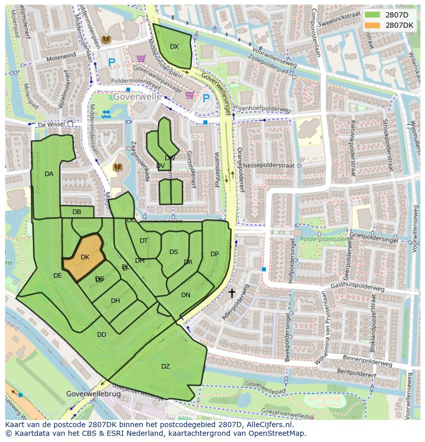 Afbeelding van het postcodegebied 2807 DK op de kaart.