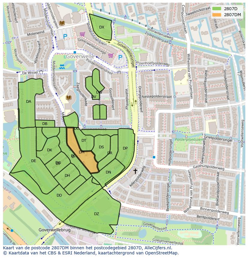 Afbeelding van het postcodegebied 2807 DM op de kaart.