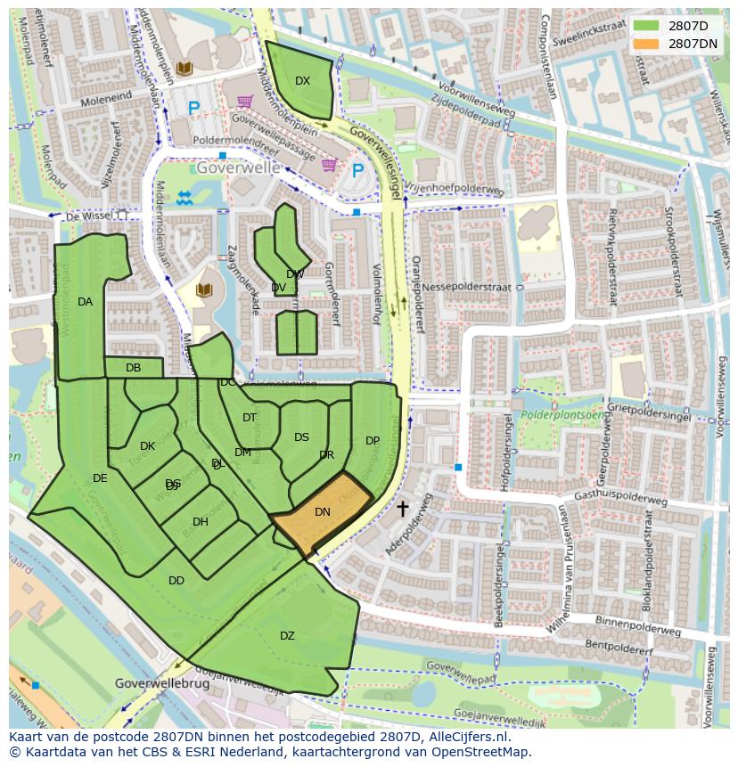Afbeelding van het postcodegebied 2807 DN op de kaart.