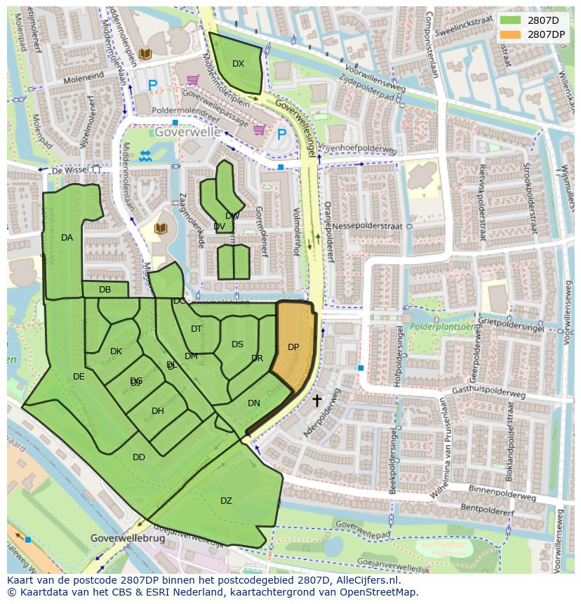 Afbeelding van het postcodegebied 2807 DP op de kaart.