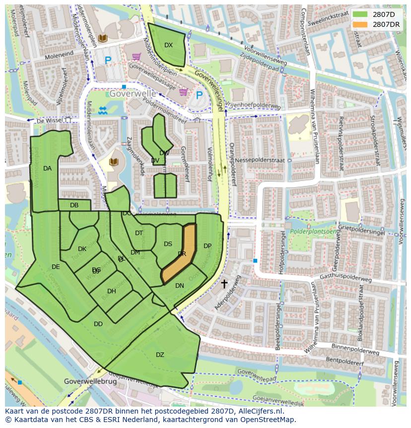 Afbeelding van het postcodegebied 2807 DR op de kaart.