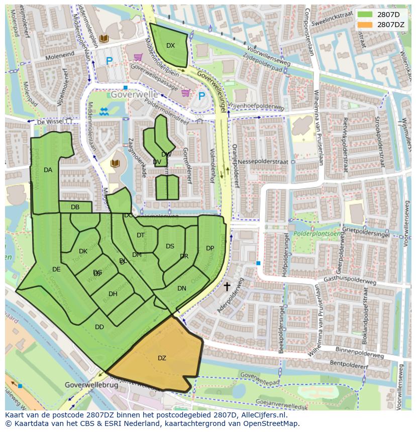 Afbeelding van het postcodegebied 2807 DZ op de kaart.