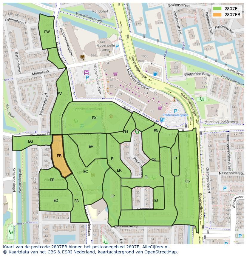 Afbeelding van het postcodegebied 2807 EB op de kaart.