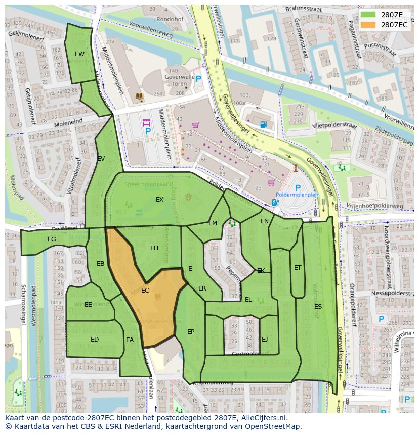 Afbeelding van het postcodegebied 2807 EC op de kaart.