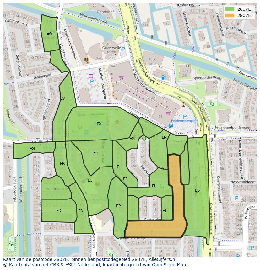 Afbeelding van het postcodegebied 2807 EJ op de kaart.